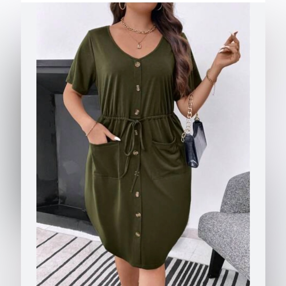 SHEIN LUNE Plus Drawstring Waist Pocket Patched Button Front Dress Size 2XL